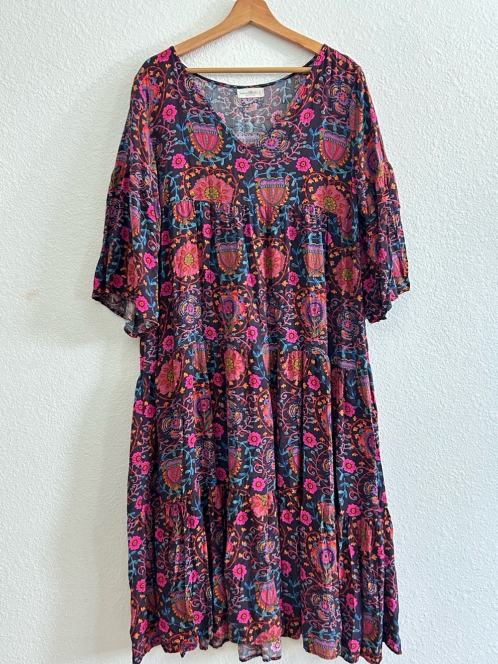 NATURAL LIFE Size L Charlotte Midi Dress BLACK PRINTED FOLK CIRCLES TIERED FLOWY - Picture 3 of 11